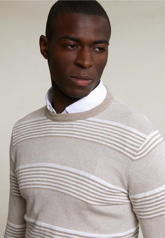 Custom Fit Cotton Striped Crew Neck Pullover Old Wood Mix - Beige