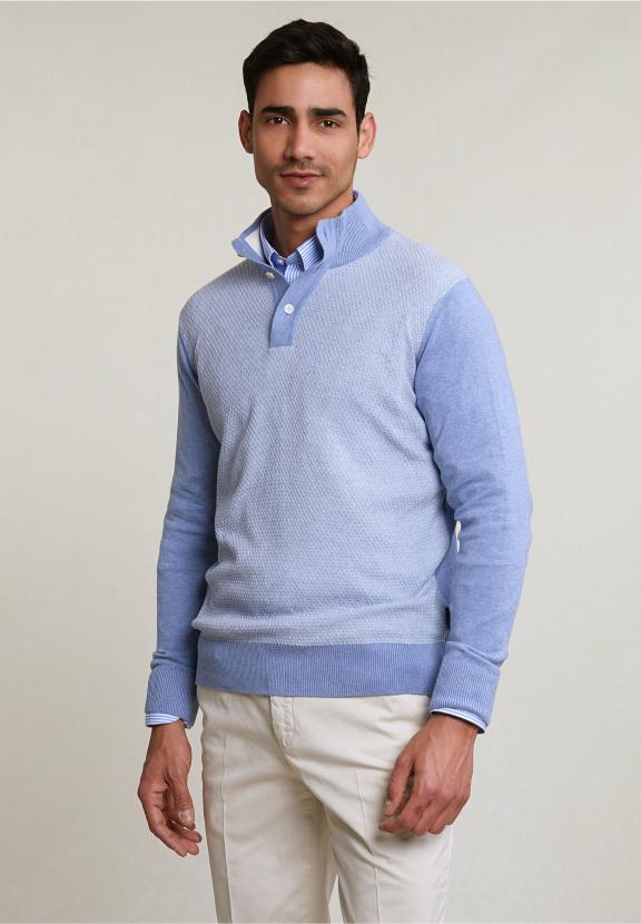 Custom Fit Cotton Mock Neck Pullover Dk Seashore Mix - Bleu