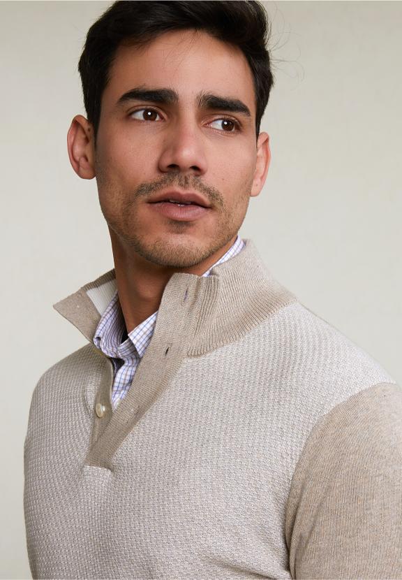 Custom Fit Cotton Mock Neck Pullover Old Wood Mix - Beige
