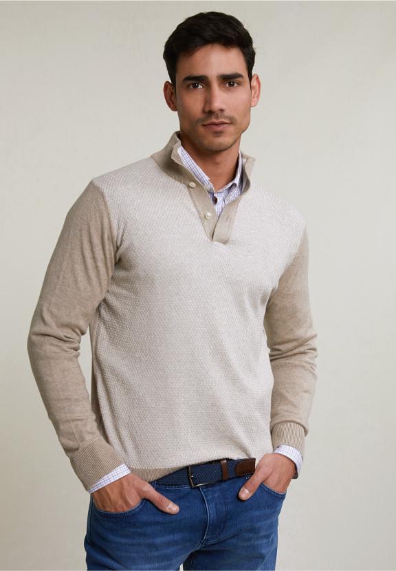 Custom Fit Cotton Mock Neck Pullover Old Wood Mix - Beige