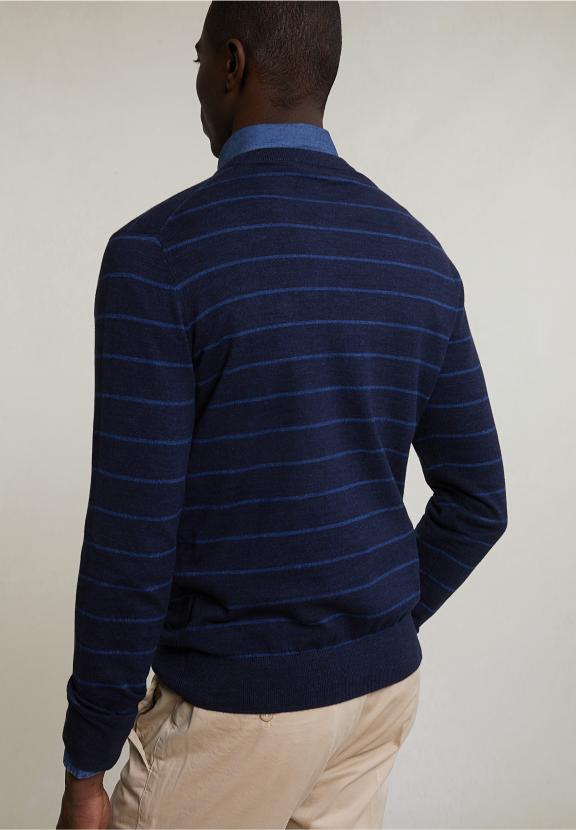 Custom Fit Striped Cotton Crew Neck Sweater Navy Mix - Bleu