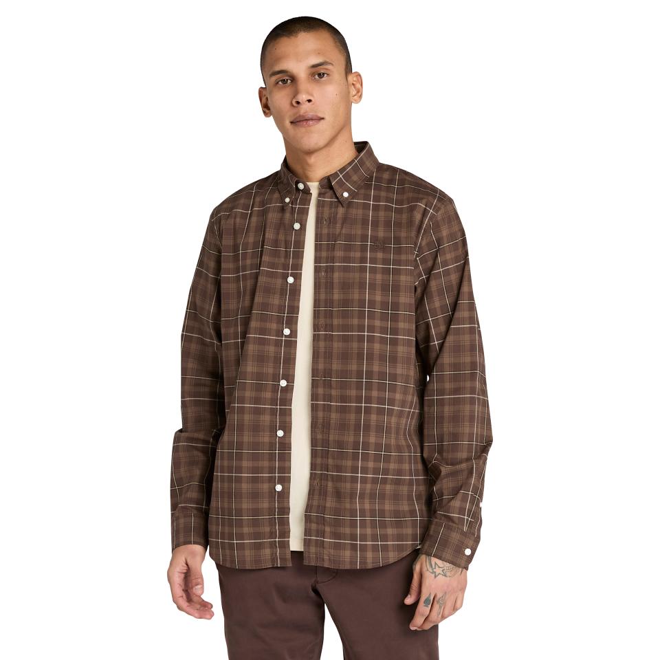 Stretch Poplin Check Shirt Chocolate Chip Yd