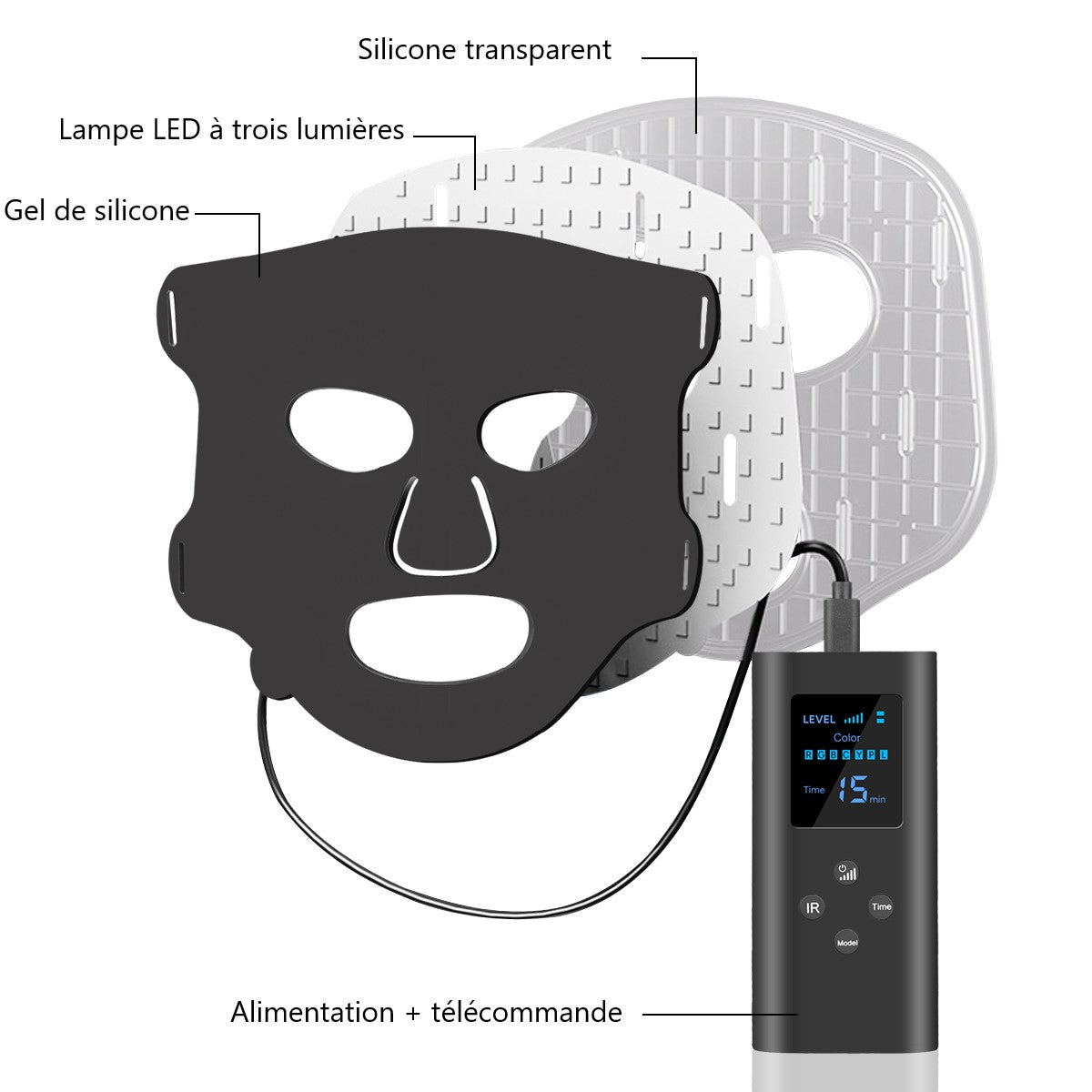 Masque Led Visage Luminotherapie 7 Couleurs - Noir
