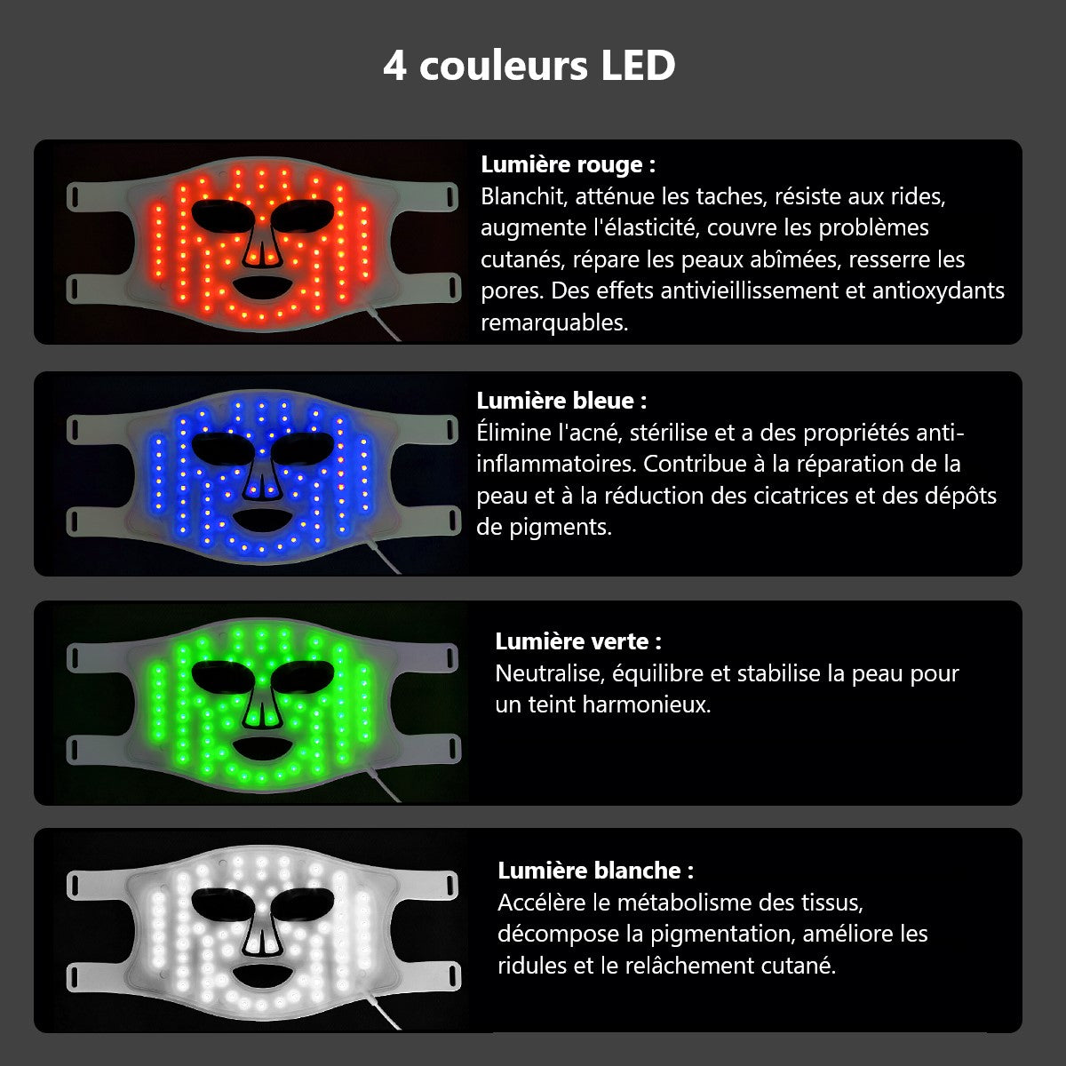 Masque Led Visage Luminotherapie 4 Couleurs - Blanc