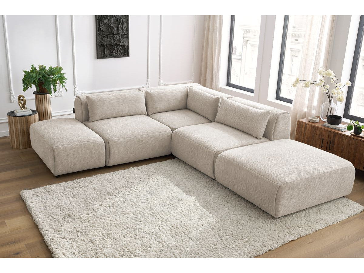 Canapé d'angle fixe modulable JEANNE tissu texturé avec 2 chauffeuses, 1 angle et 2 poufs
