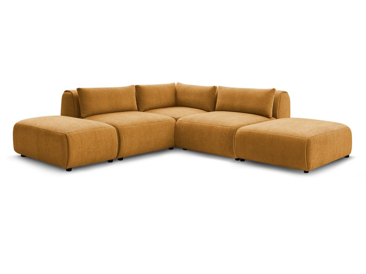 Canapé d'angle fixe modulable JEANNE tissu texturé avec 2 chauffeuses, 1 angle et 2 poufs