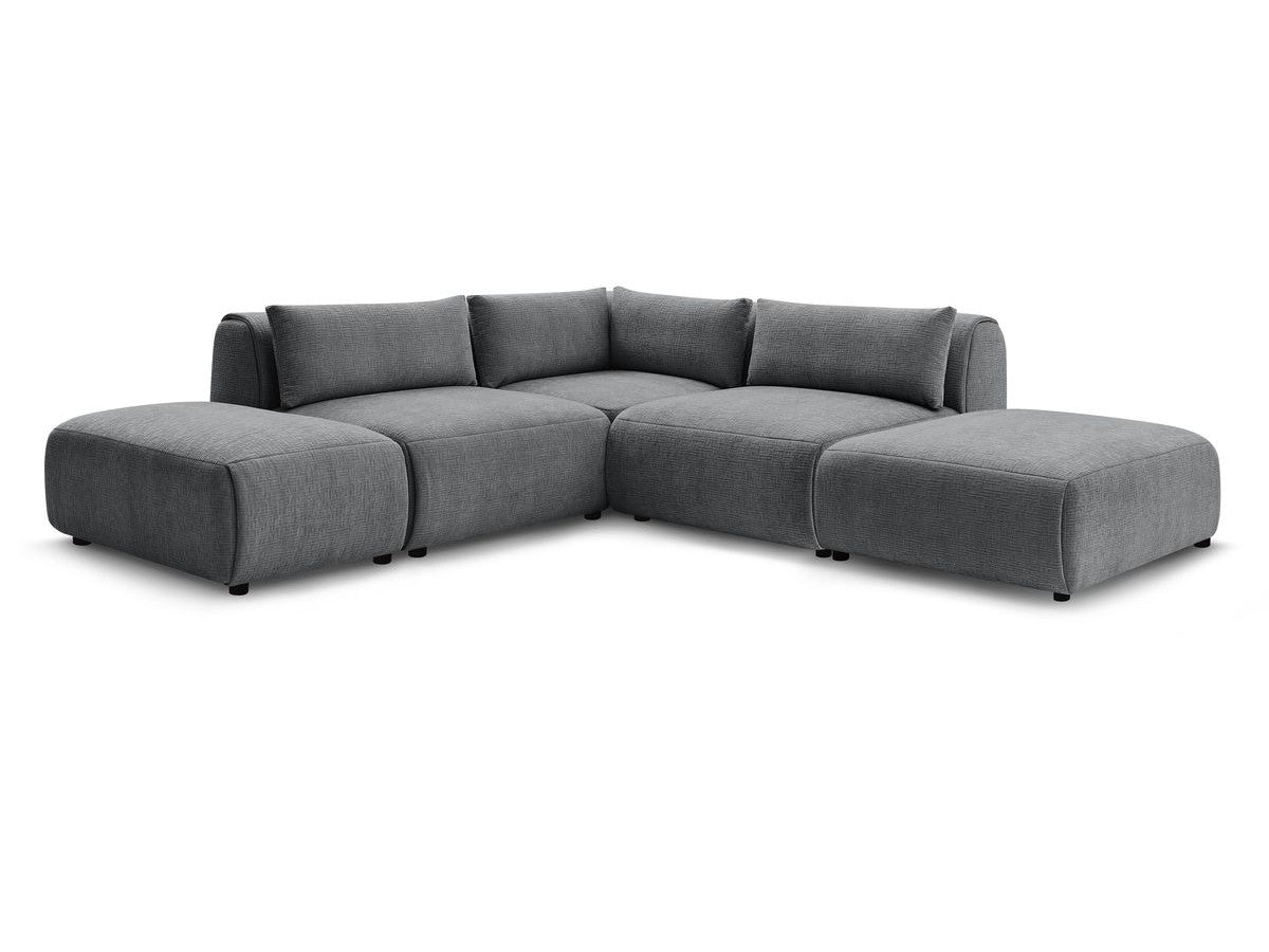 Canapé d'angle fixe modulable JEANNE tissu texturé avec 2 chauffeuses, 1 angle et 2 poufs