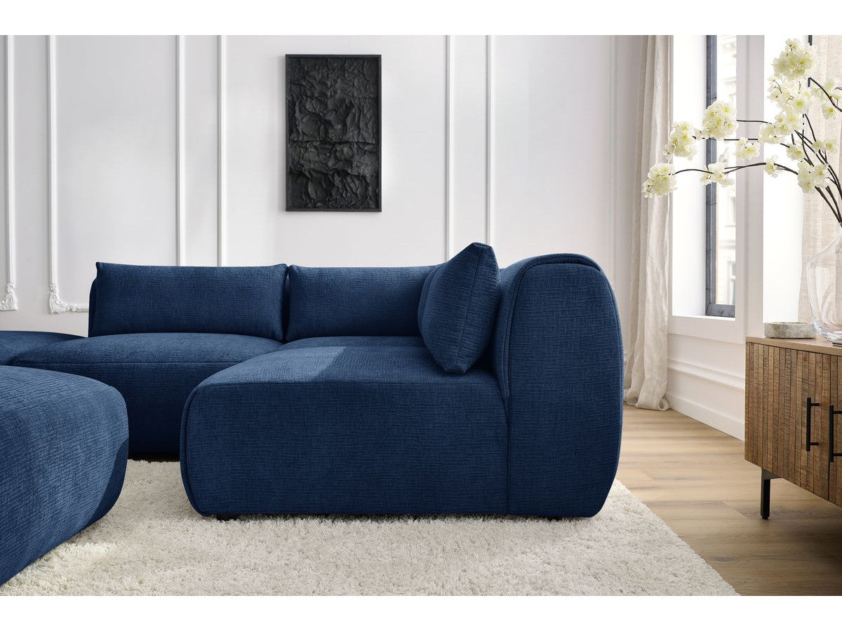 Canapé d'angle fixe modulable JEANNE tissu texturé avec 2 chauffeuses, 1 angle et 2 poufs