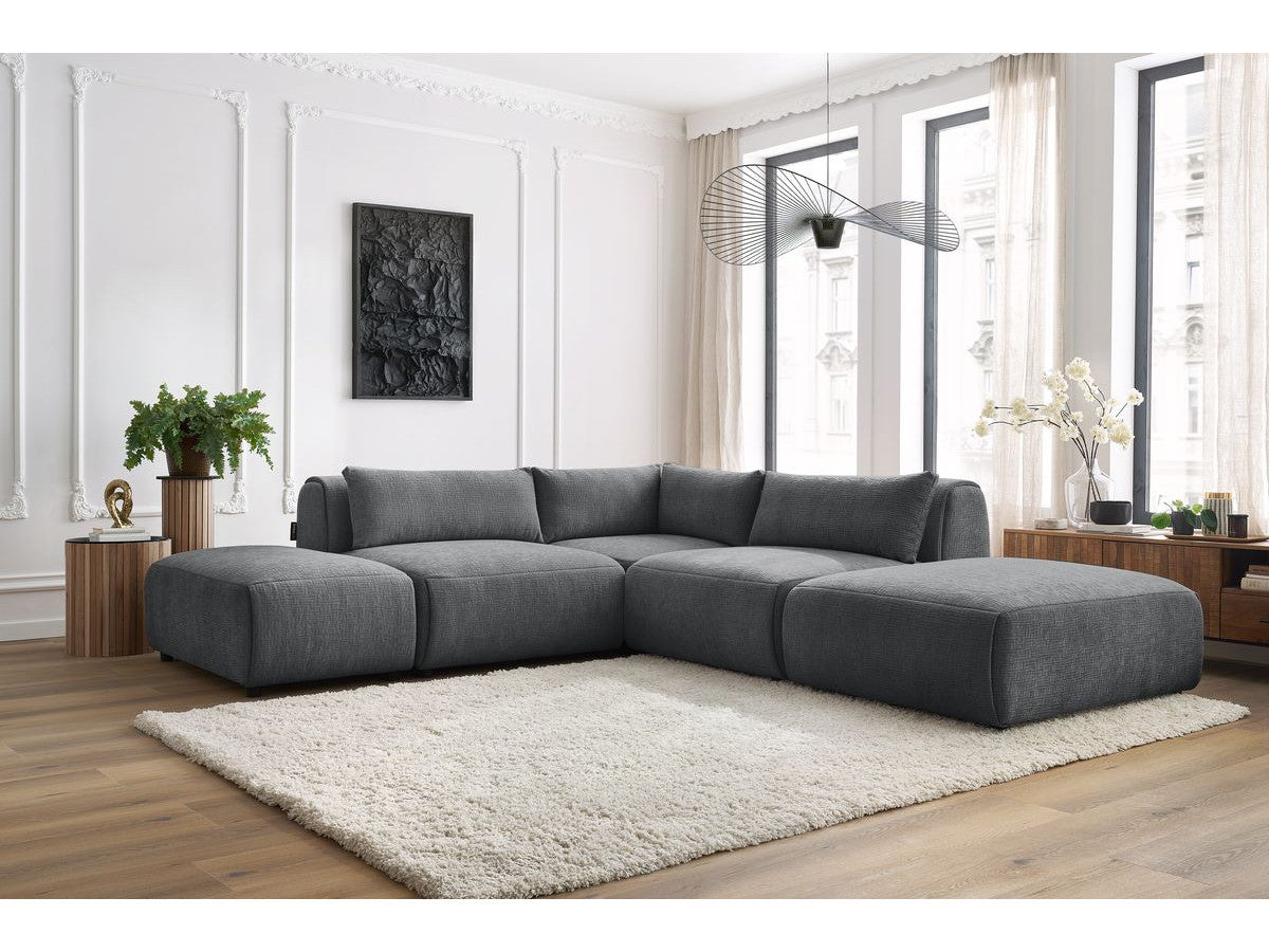 Canapé d'angle fixe modulable JEANNE tissu texturé avec 2 chauffeuses, 1 angle et 2 poufs