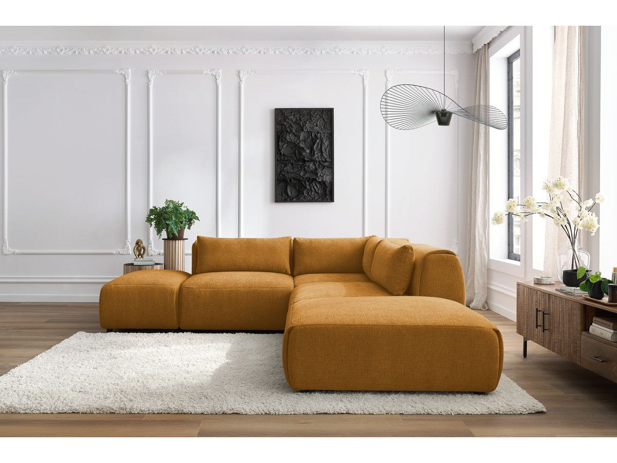 Canapé d'angle fixe modulable JEANNE tissu texturé avec 2 chauffeuses, 1 angle et 2 poufs
