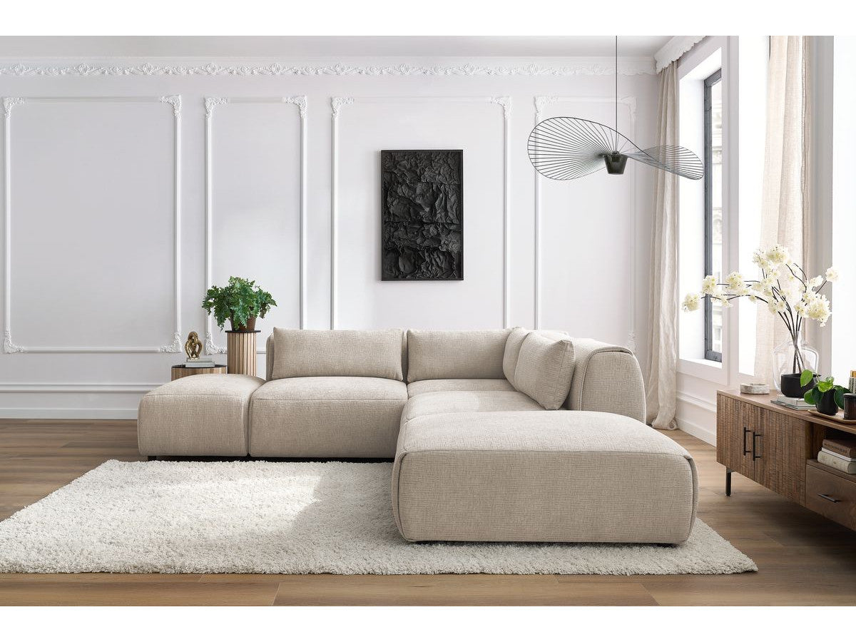 Canapé d'angle fixe modulable JEANNE tissu texturé avec 2 chauffeuses, 1 angle et 2 poufs