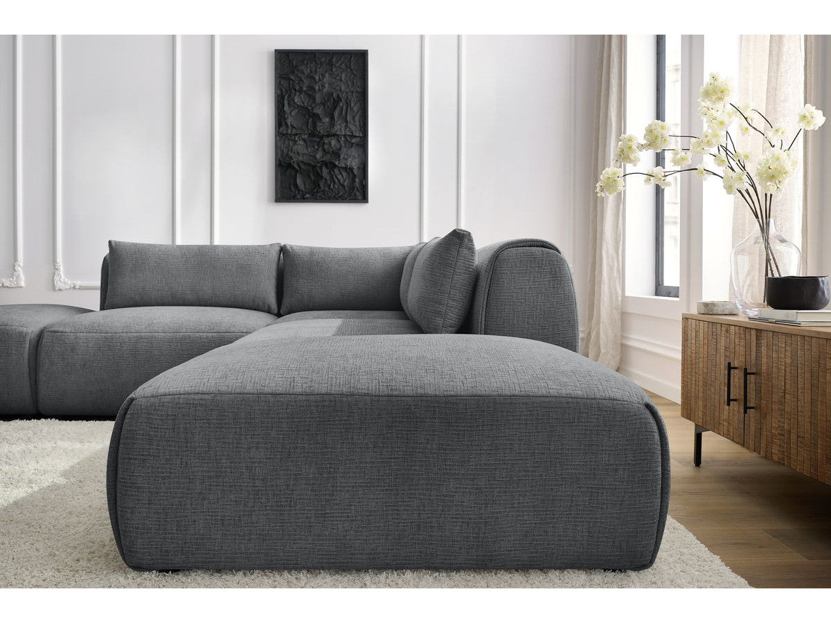 Canapé d'angle fixe modulable JEANNE tissu texturé avec 2 chauffeuses, 1 angle et 2 poufs