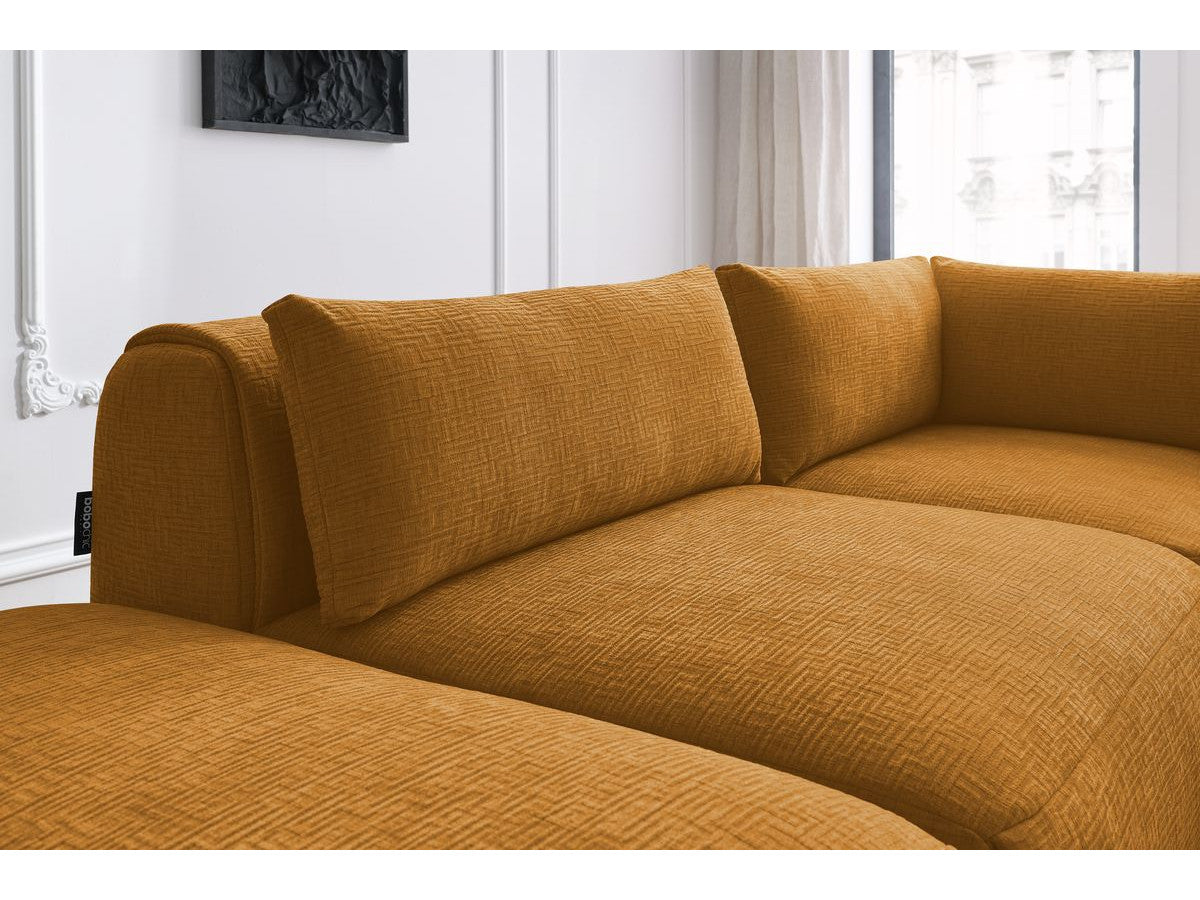 Canapé d'angle fixe modulable JEANNE tissu texturé avec 2 chauffeuses, 1 angle et 2 poufs