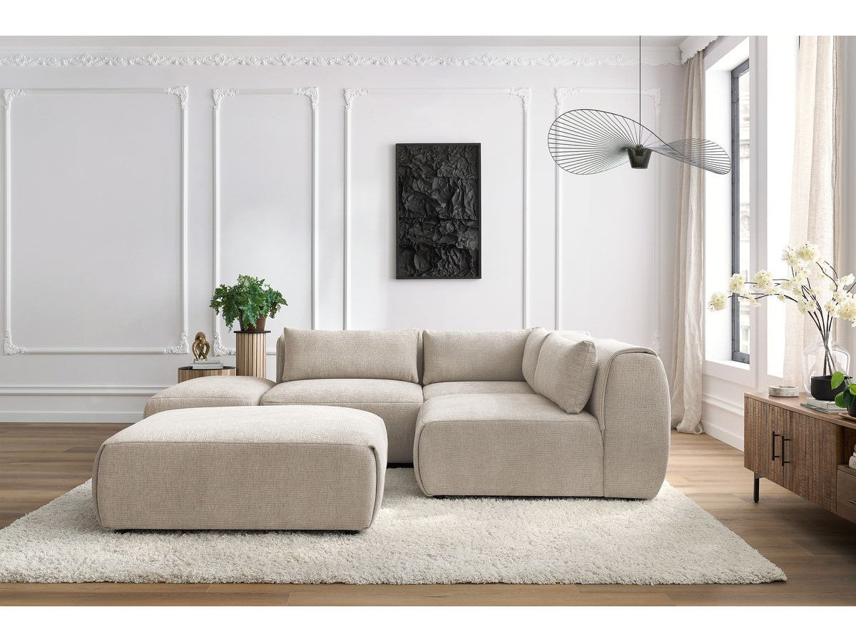 Canapé d'angle fixe modulable JEANNE tissu texturé avec 2 chauffeuses, 1 angle et 2 poufs