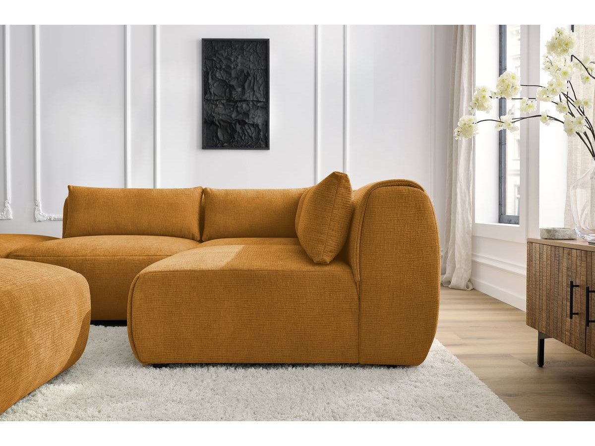 Canapé d'angle fixe modulable JEANNE tissu texturé avec 2 chauffeuses, 1 angle et 2 poufs