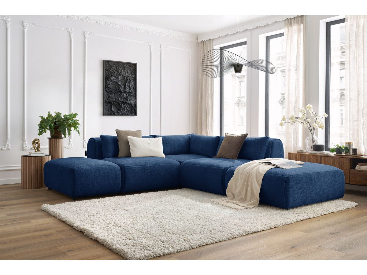 Canapé d'angle fixe modulable JEANNE tissu texturé avec 2 chauffeuses, 1 angle et 2 poufs