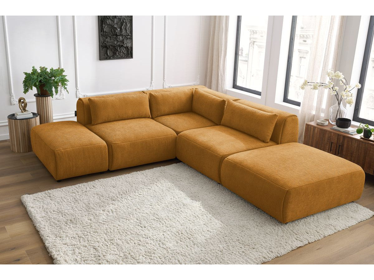 Canapé d'angle fixe modulable JEANNE tissu texturé avec 2 chauffeuses, 1 angle et 2 poufs