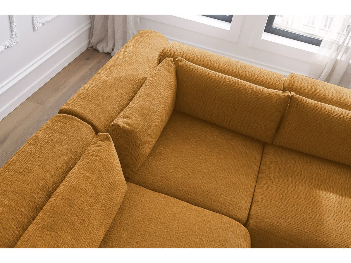 Canapé d'angle fixe modulable JEANNE tissu texturé avec 2 chauffeuses, 1 angle et 2 poufs
