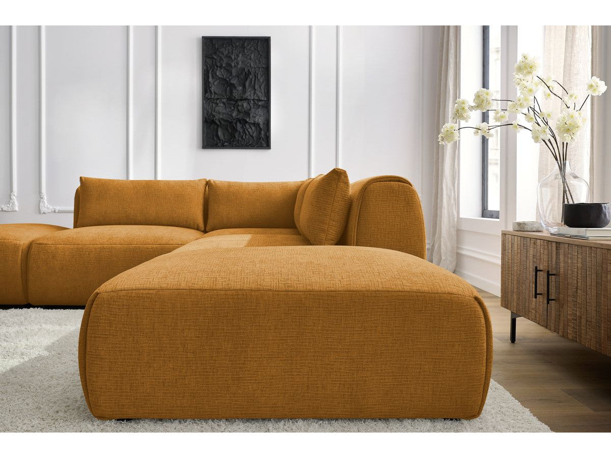 Canapé d'angle fixe modulable JEANNE tissu texturé avec 2 chauffeuses, 1 angle et 2 poufs