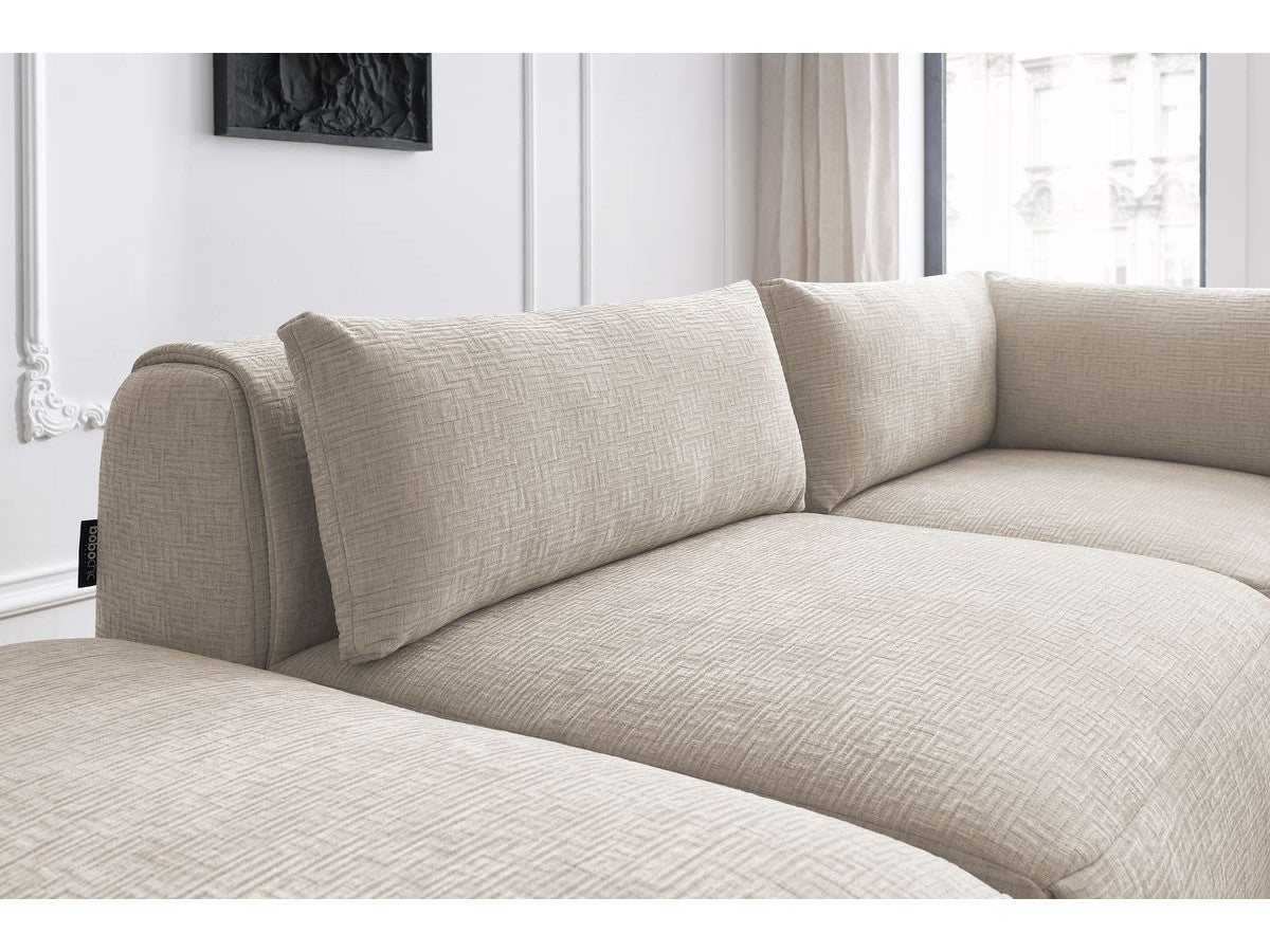 Canapé d'angle fixe modulable JEANNE tissu texturé avec 2 chauffeuses, 1 angle et 2 poufs