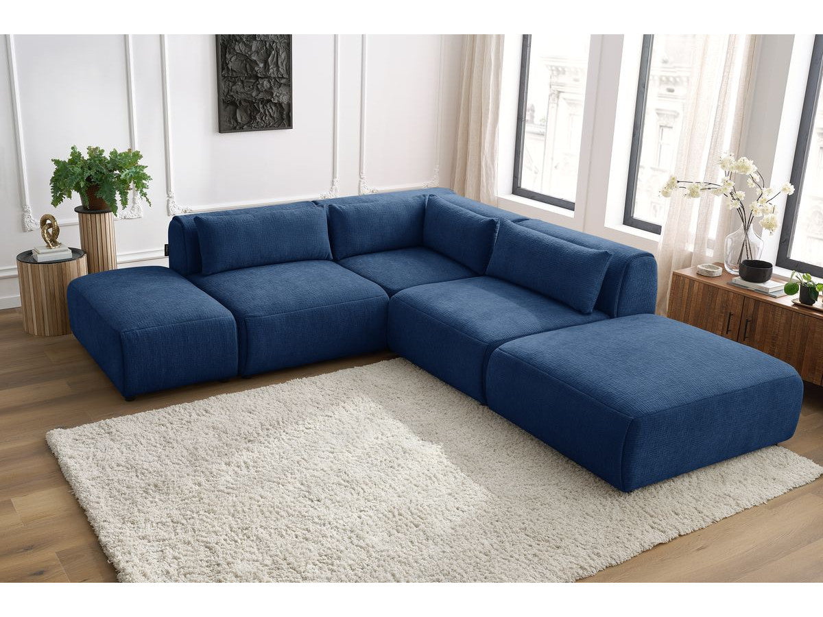 Canapé d'angle fixe modulable JEANNE tissu texturé avec 2 chauffeuses, 1 angle et 2 poufs