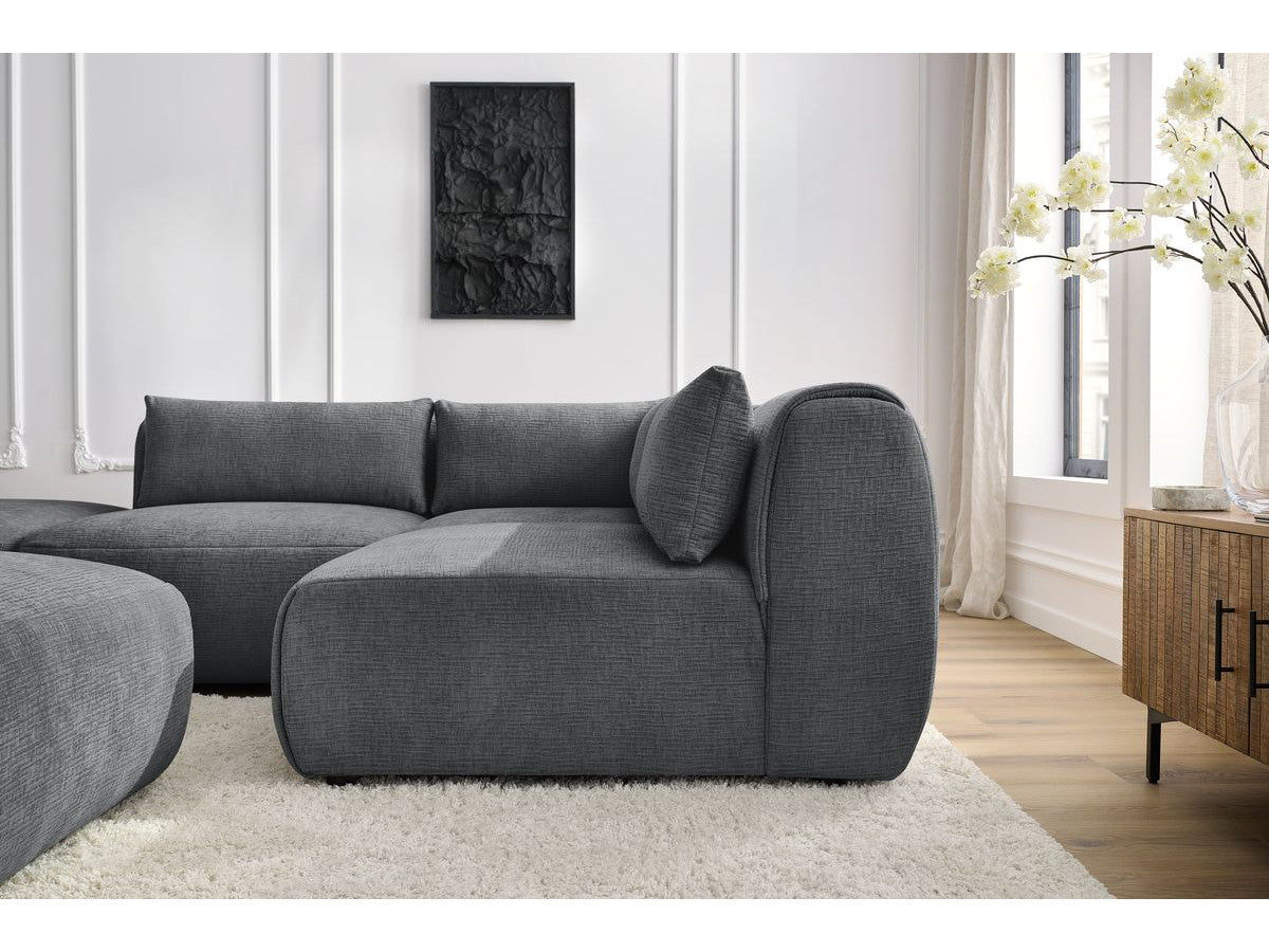 Canapé d'angle fixe modulable JEANNE tissu texturé avec 2 chauffeuses, 1 angle et 2 poufs