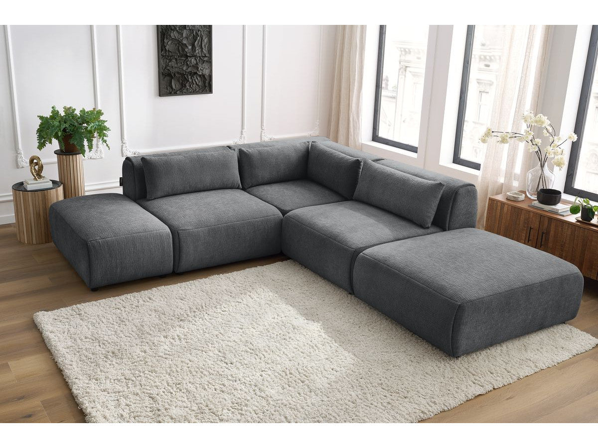 Canapé d'angle fixe modulable JEANNE tissu texturé avec 2 chauffeuses, 1 angle et 2 poufs