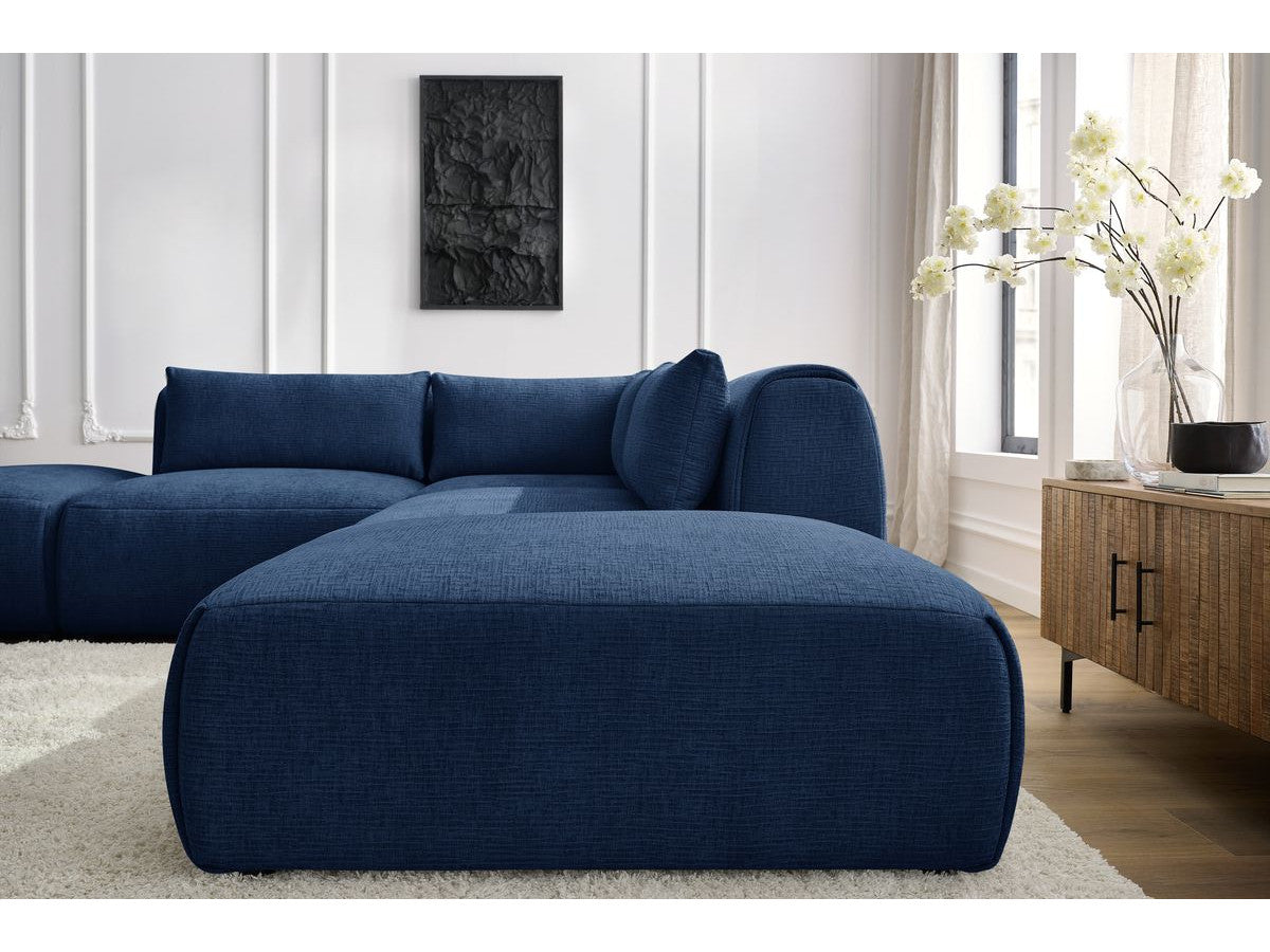 Canapé d'angle fixe modulable JEANNE tissu texturé avec 2 chauffeuses, 1 angle et 2 poufs