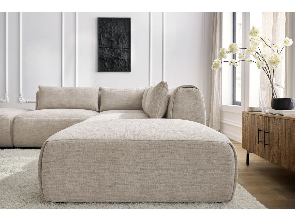 Canapé d'angle fixe modulable JEANNE tissu texturé avec 2 chauffeuses, 1 angle et 2 poufs