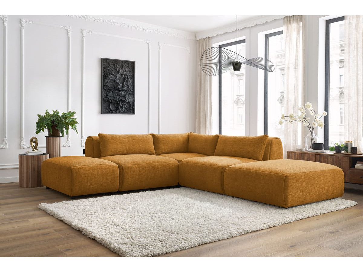 Canapé d'angle fixe modulable JEANNE tissu texturé avec 2 chauffeuses, 1 angle et 2 poufs