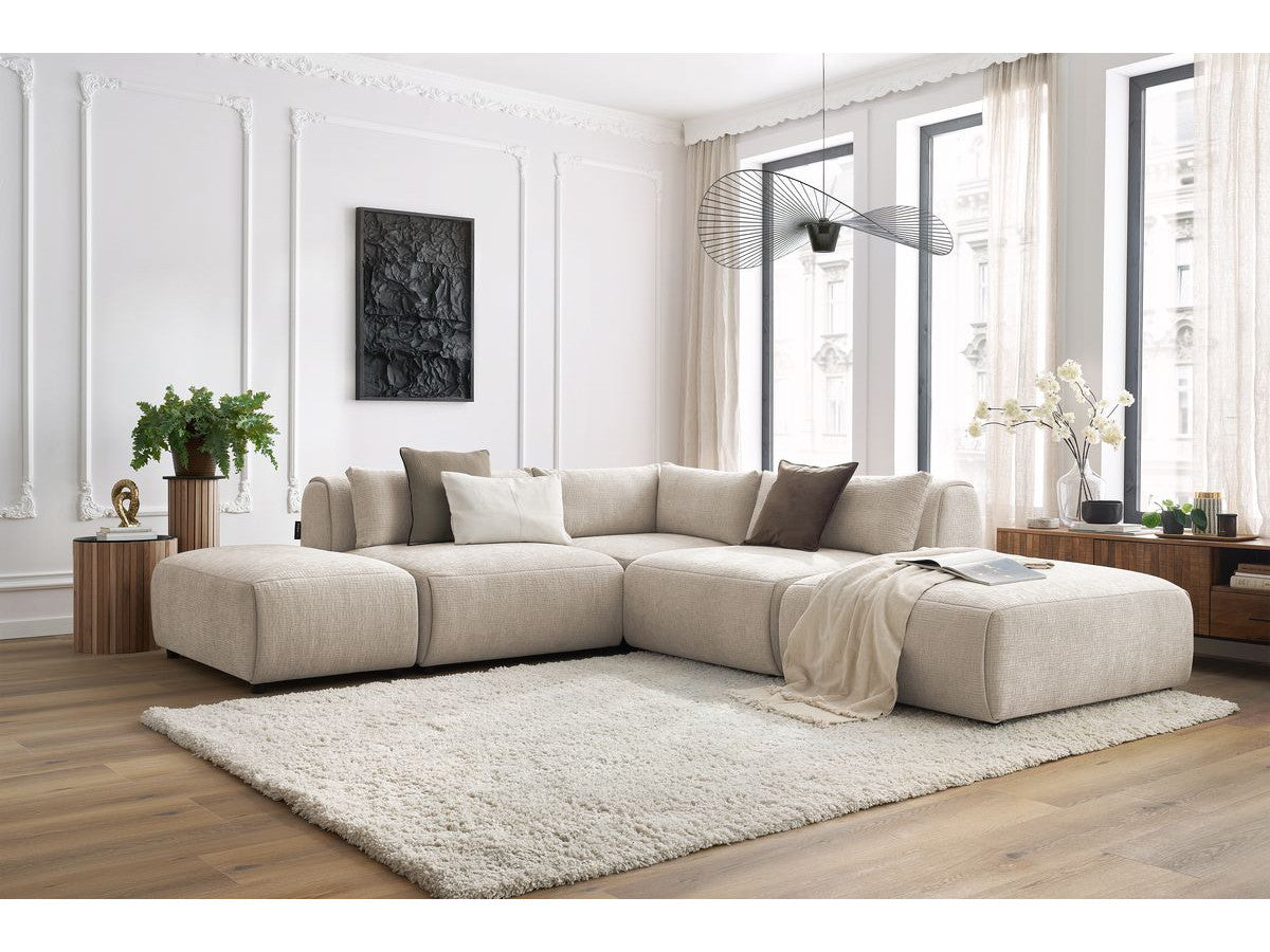 Canapé d'angle fixe modulable JEANNE tissu texturé avec 2 chauffeuses, 1 angle et 2 poufs