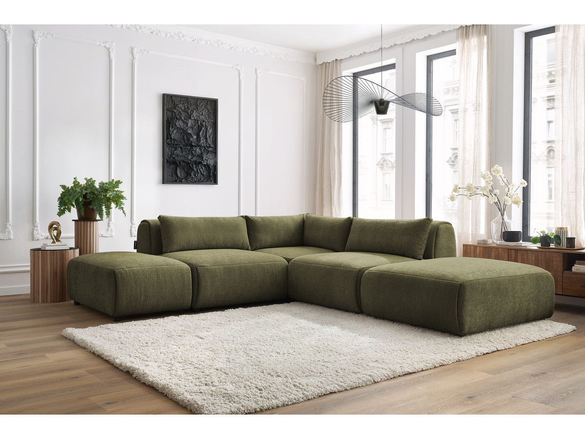 Canapé d'angle fixe modulable JEANNE tissu texturé avec 2 chauffeuses, 1 angle et 2 poufs