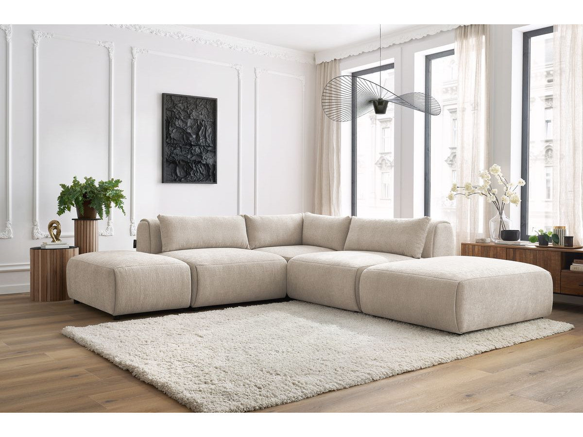 Canapé d'angle fixe modulable JEANNE tissu texturé avec 2 chauffeuses, 1 angle et 2 poufs