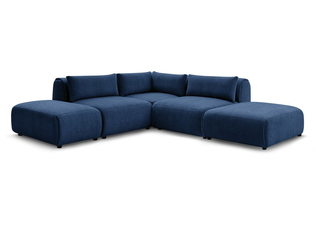 Canapé d'angle fixe modulable JEANNE tissu texturé avec 2 chauffeuses, 1 angle et 2 poufs