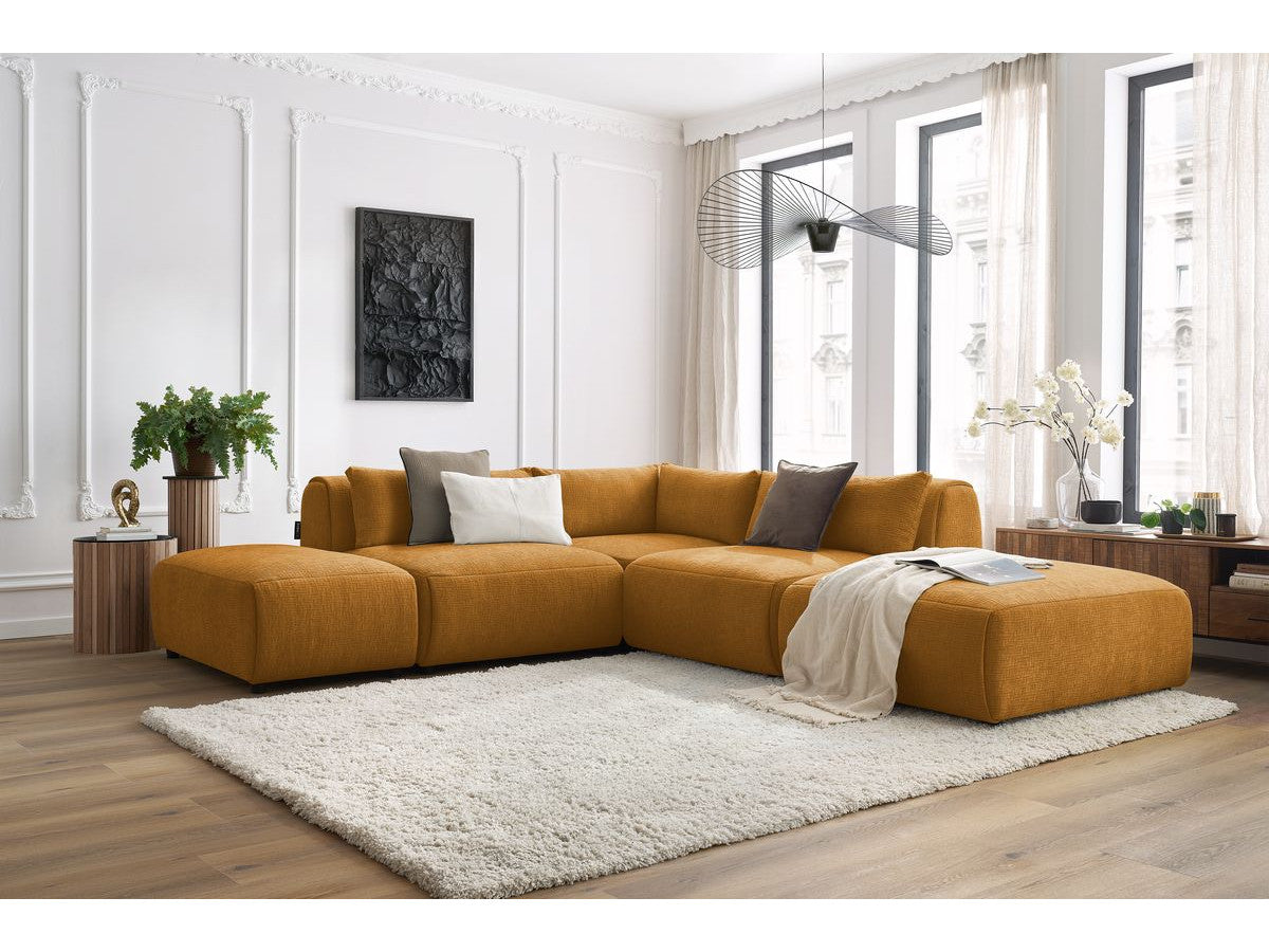 Canapé d'angle fixe modulable JEANNE tissu texturé avec 2 chauffeuses, 1 angle et 2 poufs
