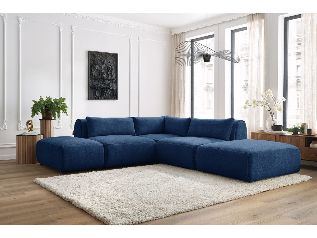 Canapé d'angle fixe modulable JEANNE tissu texturé avec 2 chauffeuses, 1 angle et 2 poufs