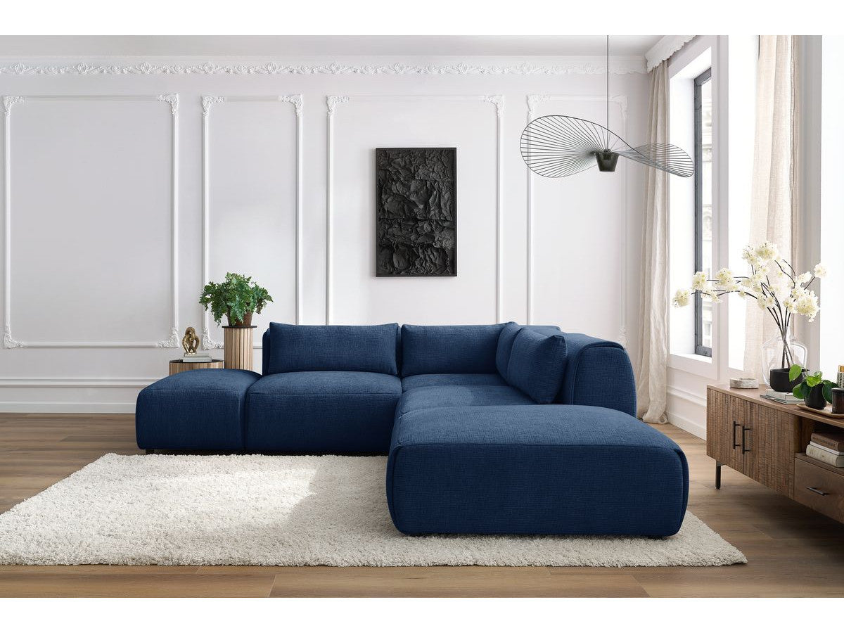 Canapé d'angle fixe modulable JEANNE tissu texturé avec 2 chauffeuses, 1 angle et 2 poufs