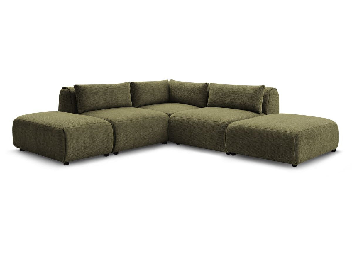 Canapé d'angle fixe modulable JEANNE tissu texturé avec 2 chauffeuses, 1 angle et 2 poufs