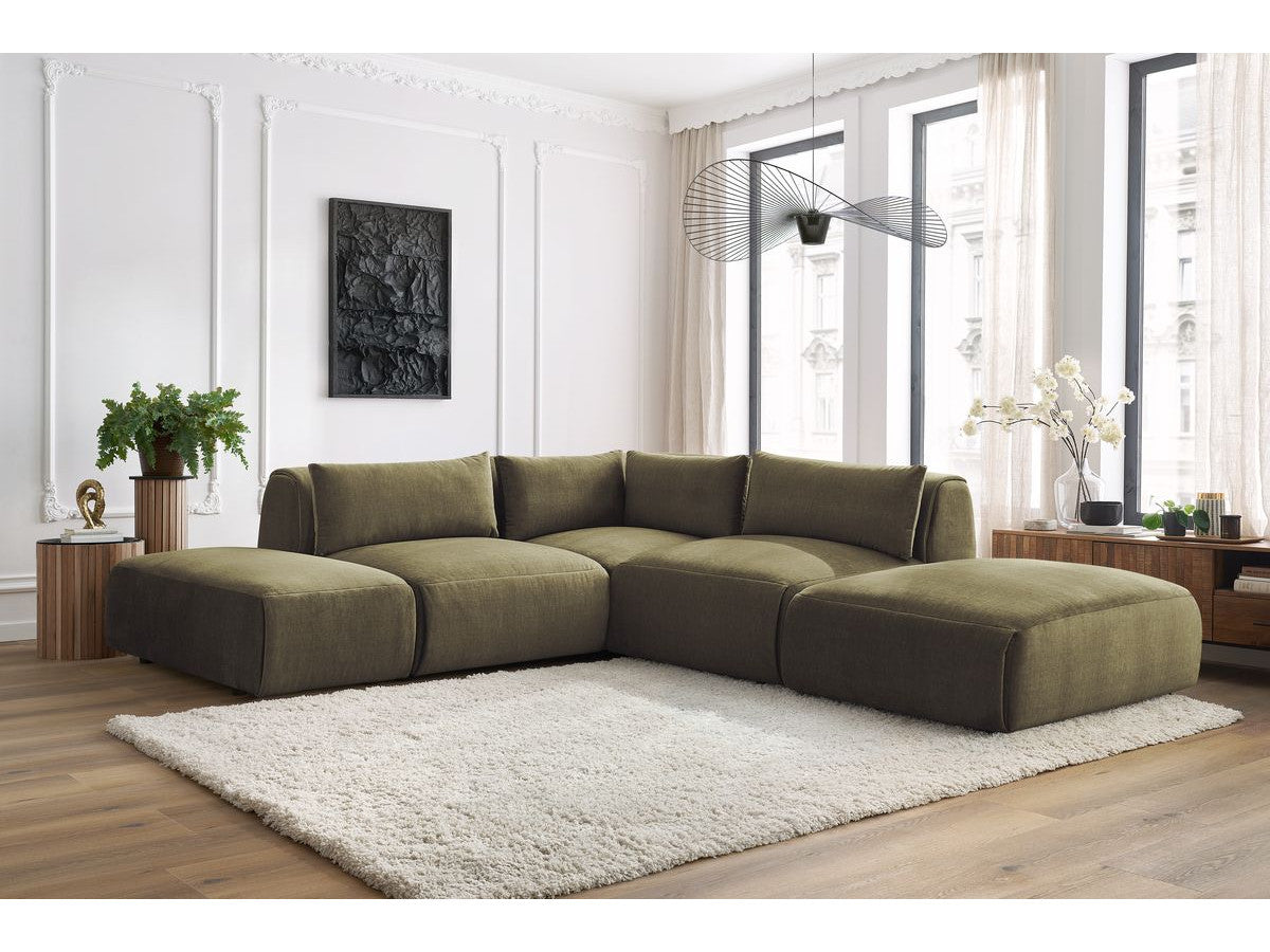 Canapé d'angle fixe modulable JEANNE tissu velours avec 2 chauffeuses, 1 angle et 2 poufs