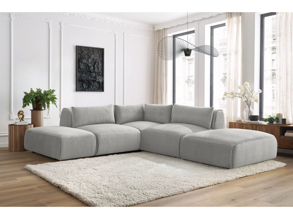 Canapé d'angle fixe modulable JEANNE tissu velours avec 2 chauffeuses, 1 angle et 2 poufs