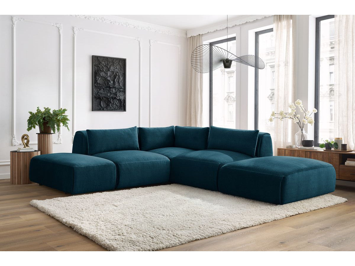 Canapé d'angle fixe modulable JEANNE tissu velours avec 2 chauffeuses, 1 angle et 2 poufs