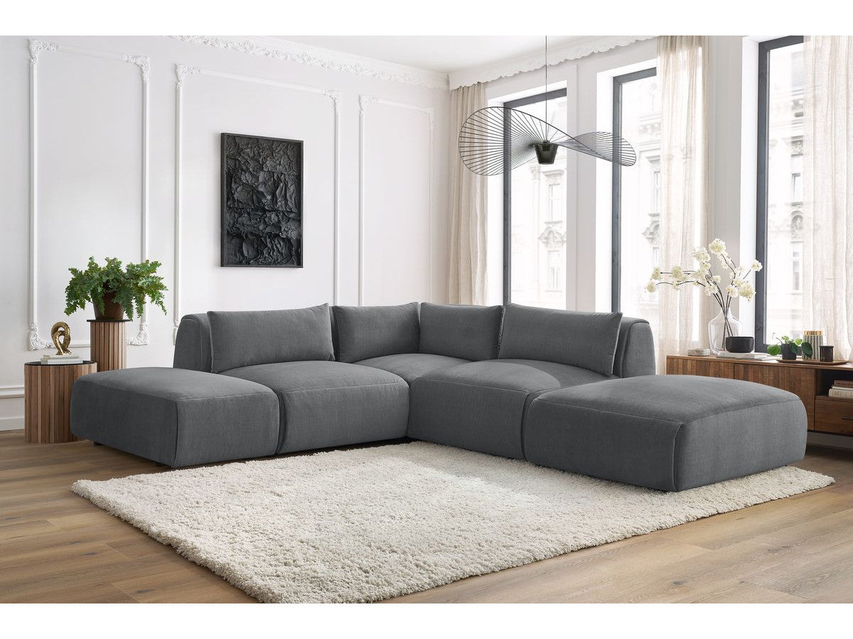 Canapé d'angle fixe modulable JEANNE tissu velours avec 2 chauffeuses, 1 angle et 2 poufs
