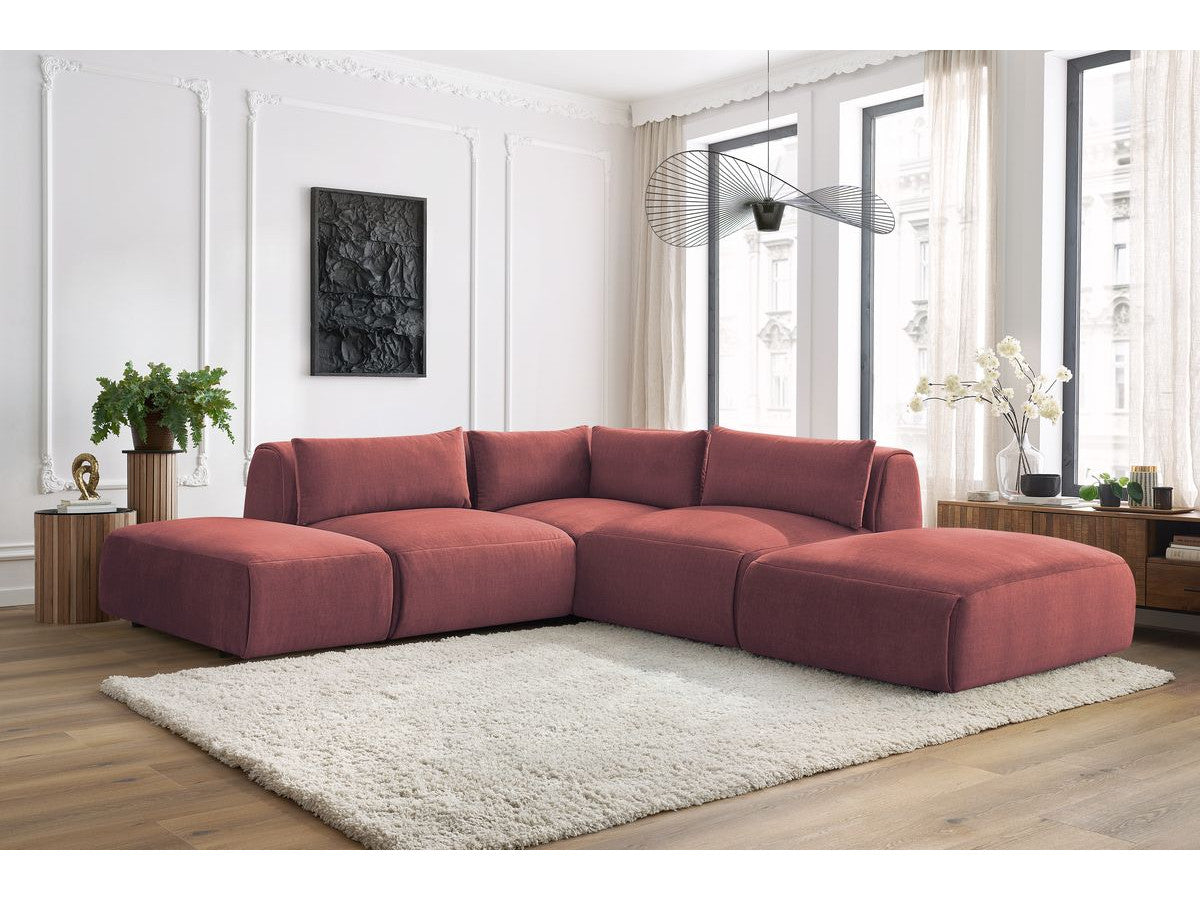 Canapé d'angle fixe modulable JEANNE tissu velours avec 2 chauffeuses, 1 angle et 2 poufs