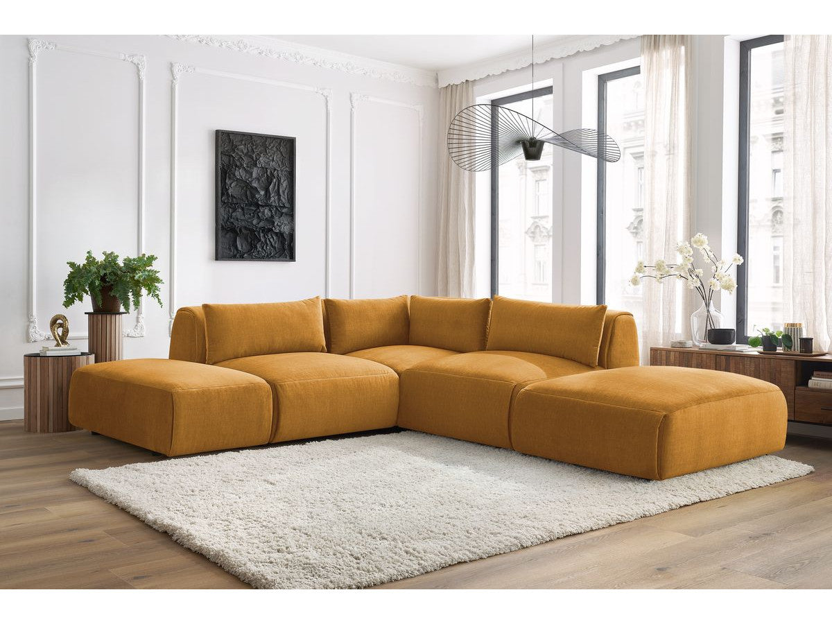 Canapé d'angle fixe modulable JEANNE tissu velours avec 2 chauffeuses, 1 angle et 2 poufs