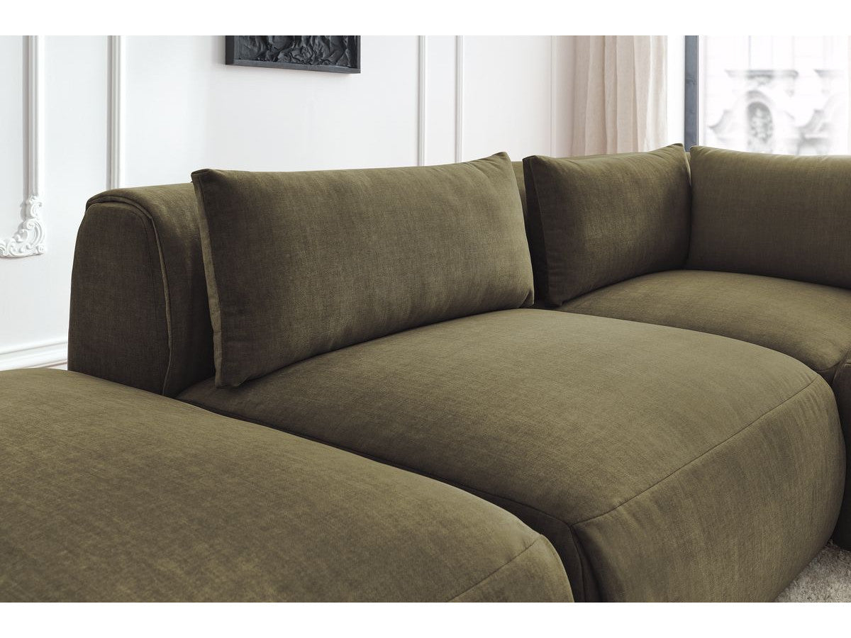 Canapé d'angle fixe modulable JEANNE tissu velours avec 2 chauffeuses, 1 angle et 2 poufs