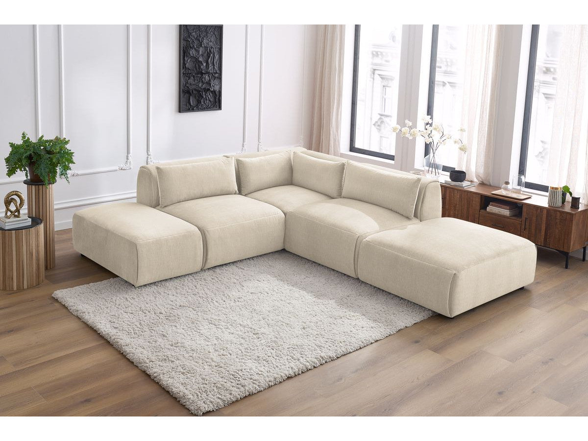 Canapé d'angle fixe modulable JEANNE tissu velours avec 2 chauffeuses, 1 angle et 2 poufs