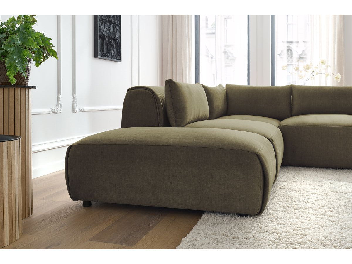 Canapé d'angle fixe modulable JEANNE tissu velours avec 2 chauffeuses, 1 angle et 2 poufs