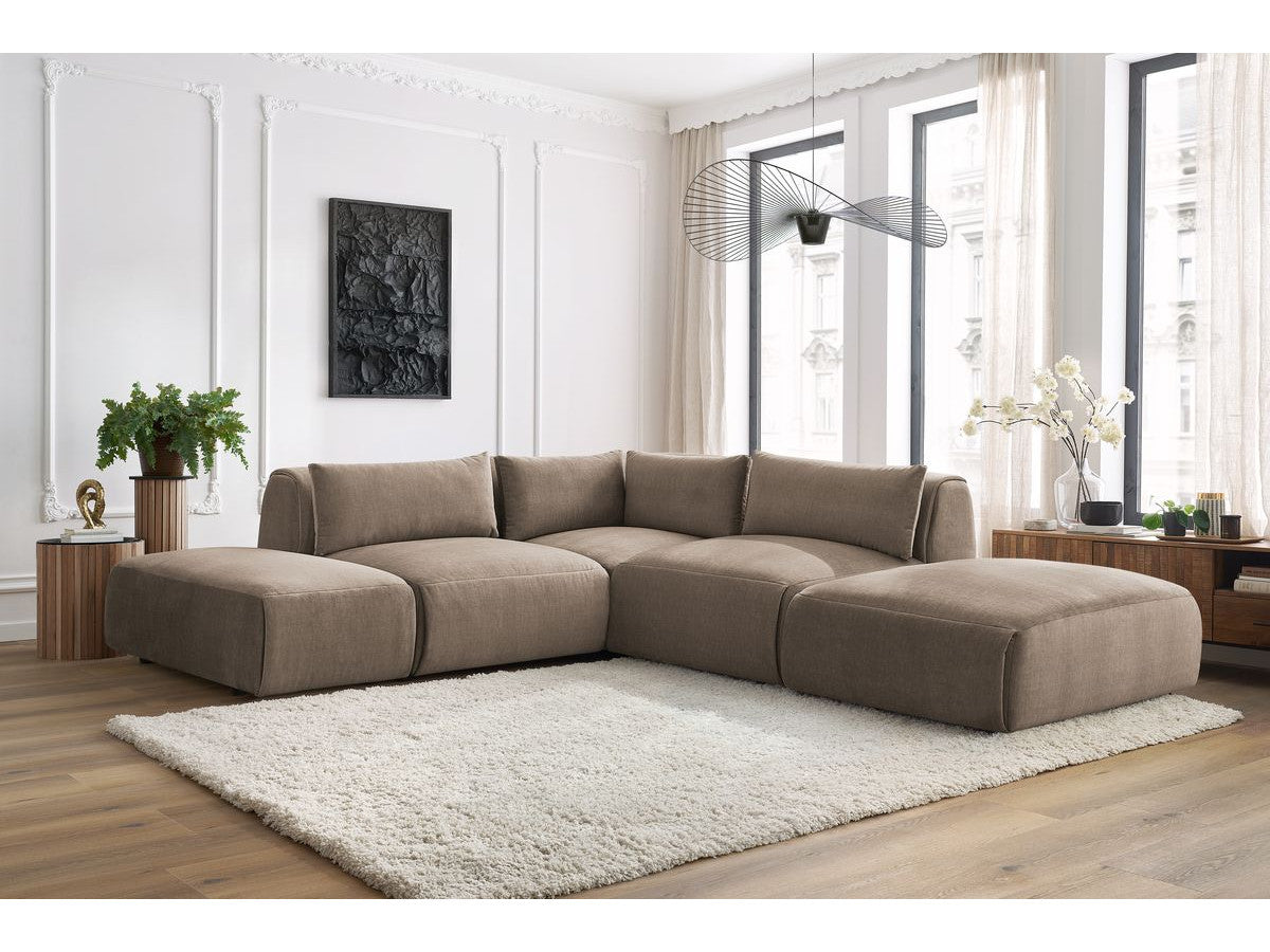 Canapé d'angle fixe modulable JEANNE tissu velours avec 2 chauffeuses, 1 angle et 2 poufs