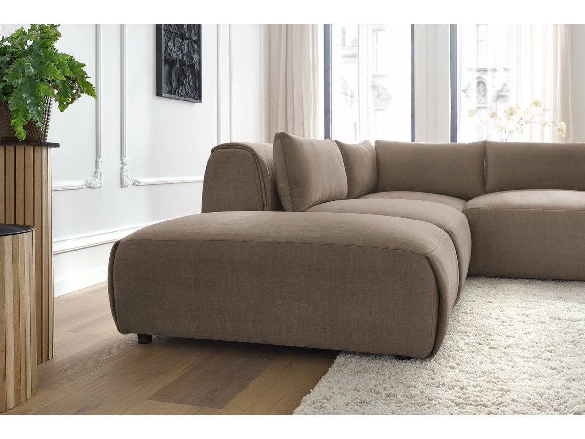 Canapé d'angle fixe modulable JEANNE tissu velours avec 2 chauffeuses, 1 angle et 2 poufs