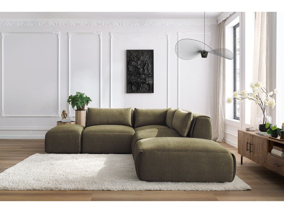 Canapé d'angle fixe modulable JEANNE tissu velours avec 2 chauffeuses, 1 angle et 2 poufs